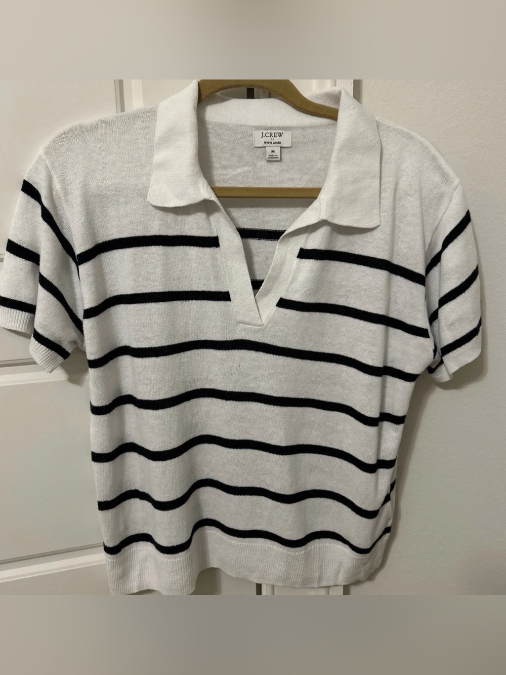 J. Crew White Short-Sleeve Polo sweater with navy Stripes